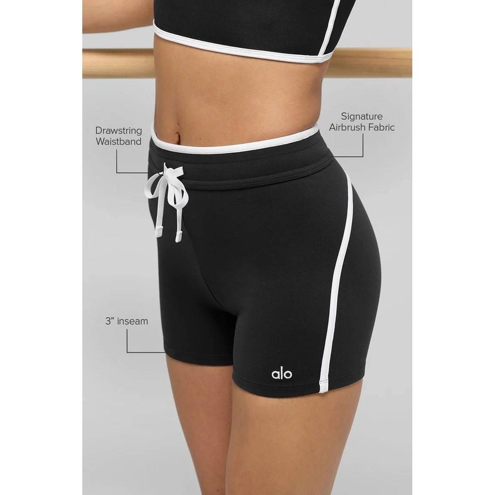 Alo Yoga Airbrush Grand Slam Shorts Black White Drawstring 3 Inch Inseam Women S